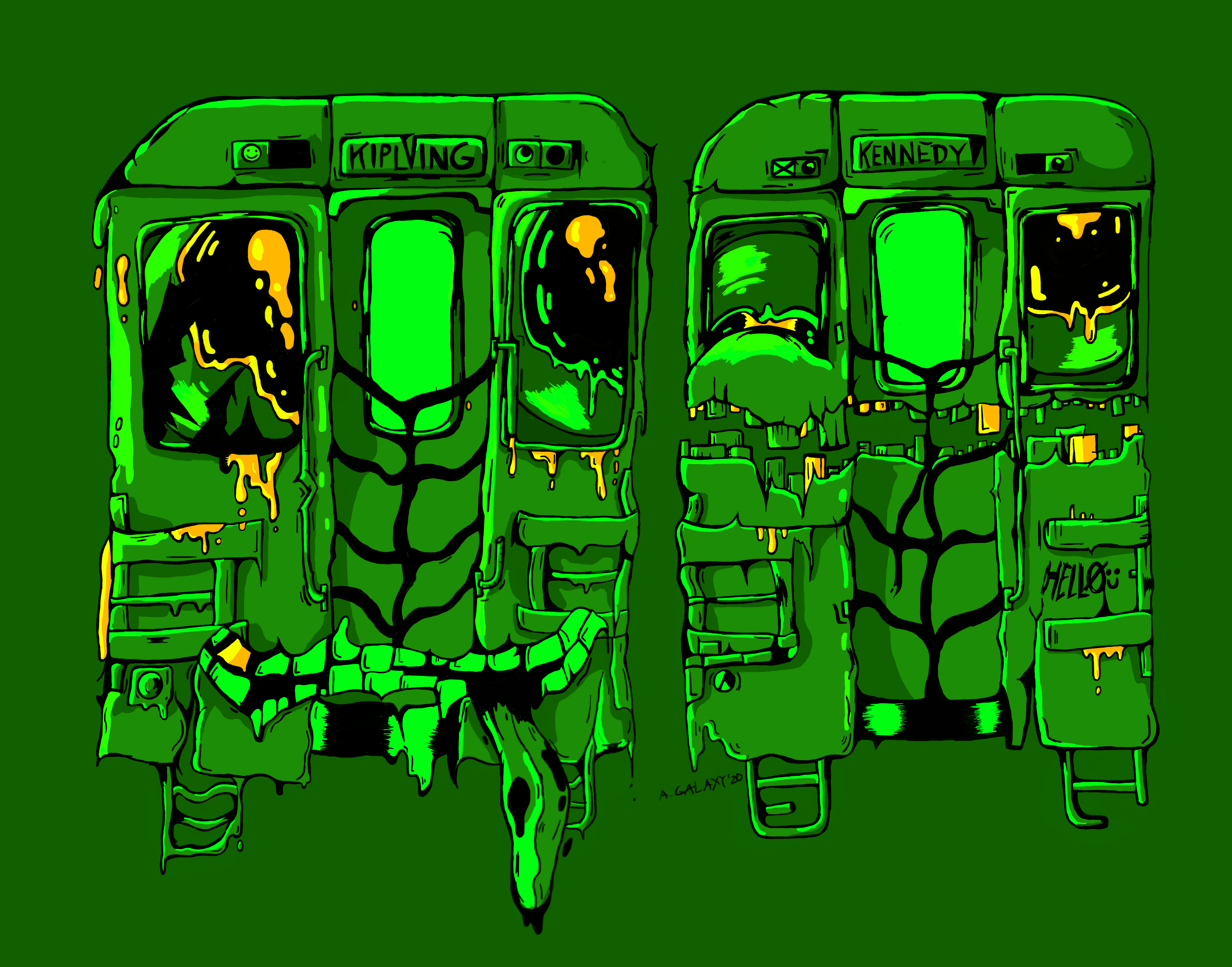 Image Description: The image is in full colour. The majority is made up of shades of dark and bright green. The background is solid dark green. The foreground is a frontal view of two older models of TTC subway trains. One named 'Kipling' (left) the other 'Kennedy' (right). The trains are animated to have giant eyeballs in the windows. Kipling has his mouth on top of the front bumper, smiling with his teeth together and with his tongue hanging from the side. Kennedy's top and bottom half are separated to reveal his teeth, some of which are gold. Both appear to have some rust and slight damage to them. The glint in their eyes is gold.